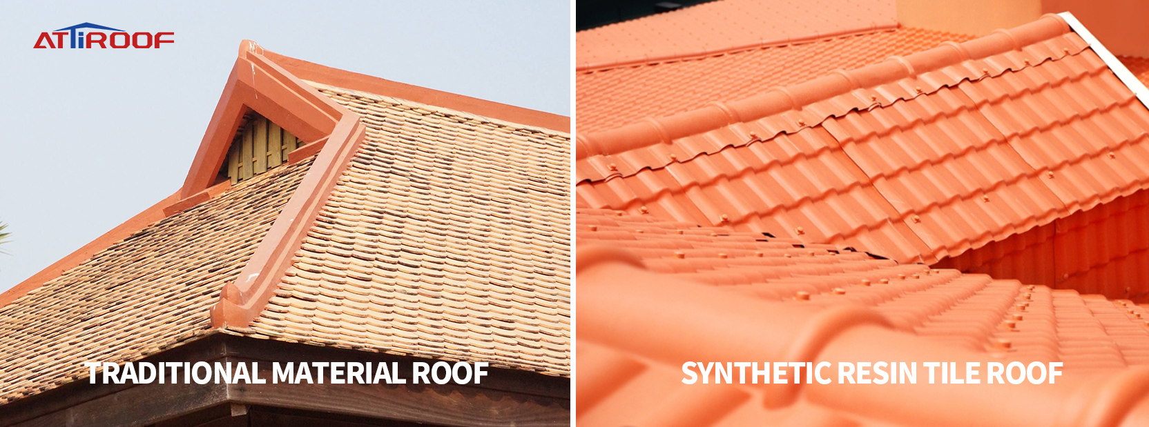 Comparação lado a lado de uma cobertura de material tradicional e uma cobertura de telha de resina sintética com a marca ATiROOF, destacando o contraste nos materiais da cobertura. Comparação lado a lado de uma cobertura de material tradicional e uma cobertura de telha de resina sintética com a marca ATiROOF, destacando o contraste nos materiais da cobertura.
