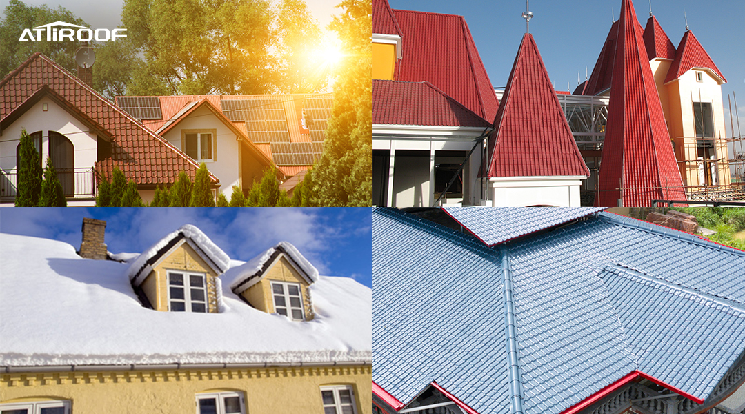 Colagem de diversos telhados ATiROOF mostrando painéis solares, telhados vermelhos clássicos, casas cobertas de neve e telhado de telha sintética azul, ilustrando versatilidade e adaptação a diferentes climas. Colagem de diversos telhados ATiROOF mostrando painéis solares, telhados vermelhos clássicos, casas cobertas de neve e telhado de telha sintética azul, ilustrando versatilidade e adaptação a diferentes climas.