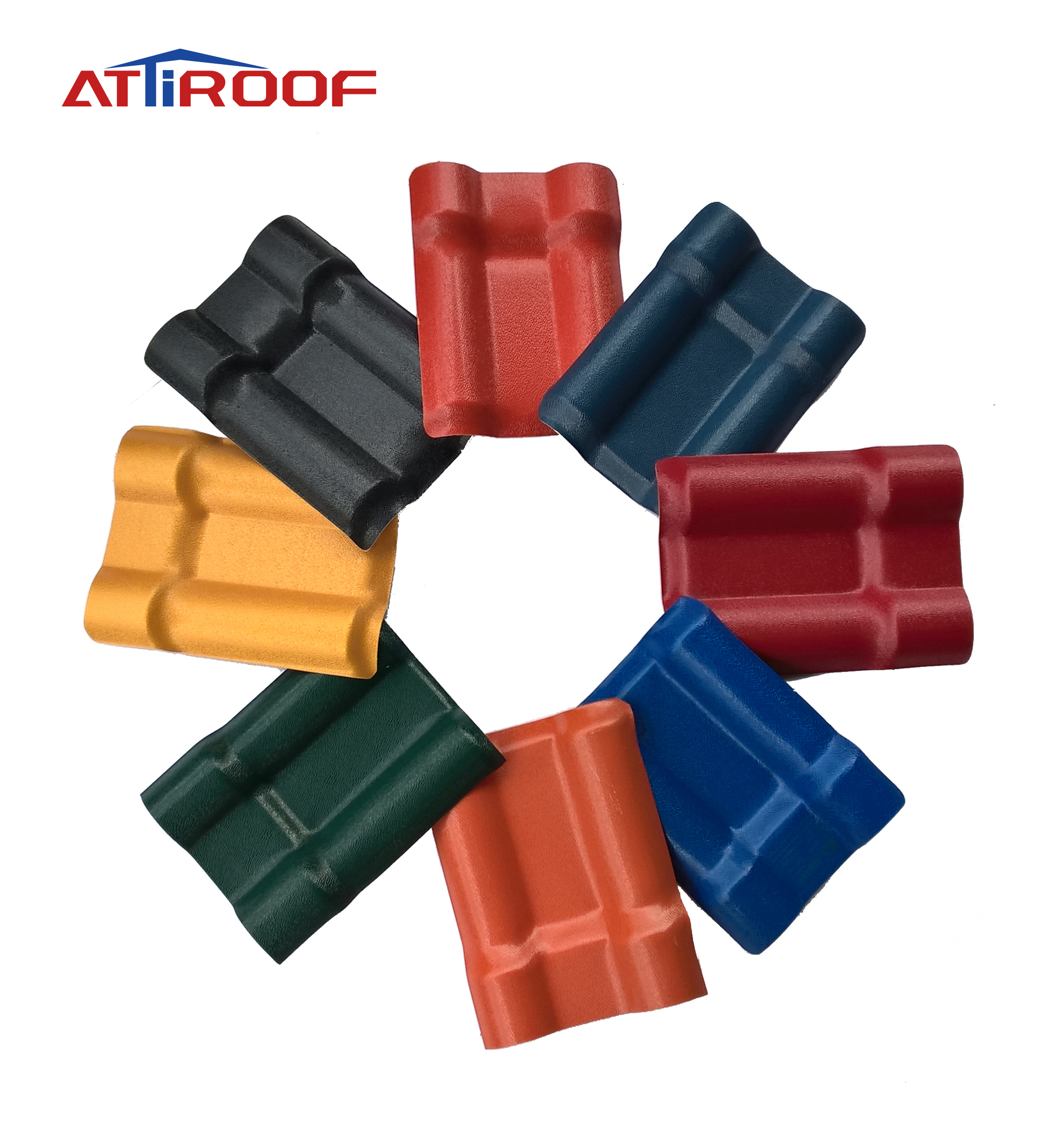 Amostras coloridas de telhas de resina sintética ATiROOF em preto, vermelho, marinho, dourado, verde, laranja e azul, dispostas em um padrão circular.