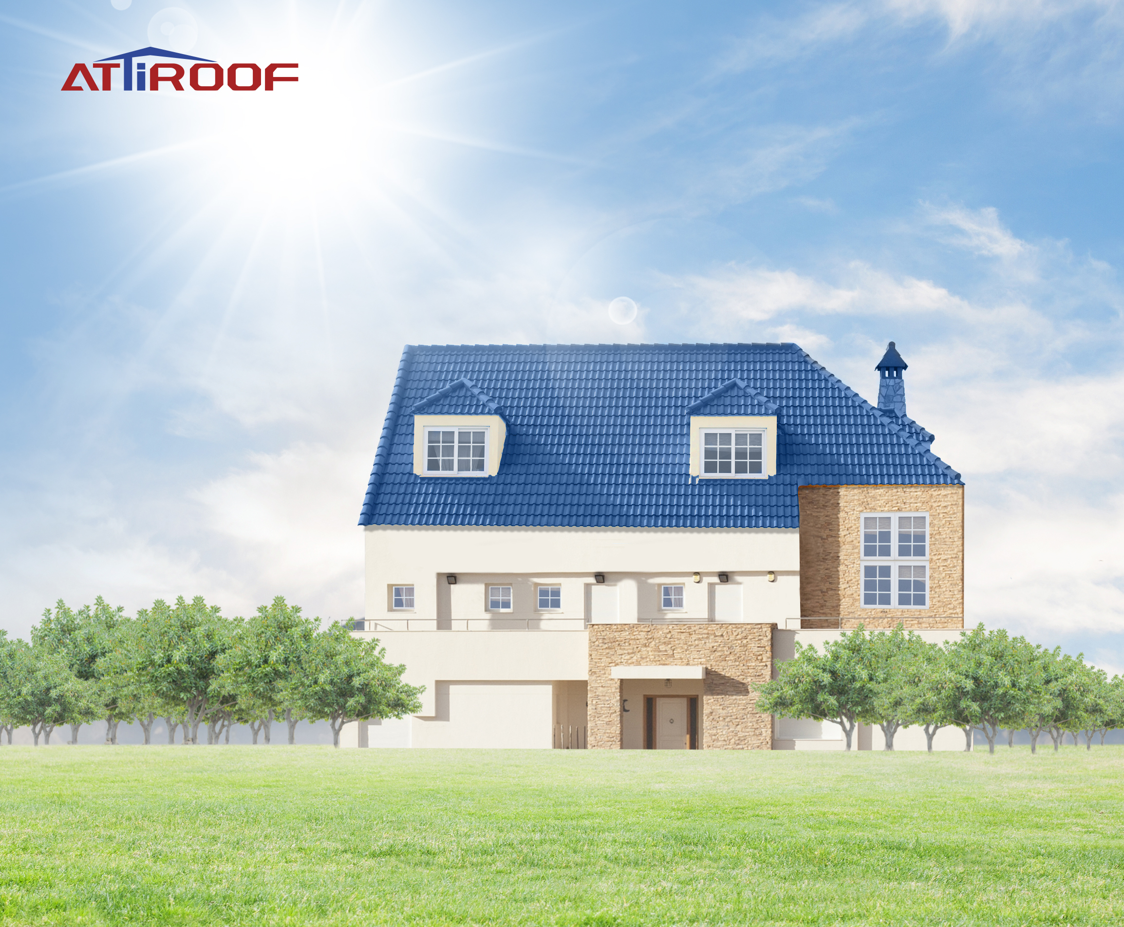 Casa moderna com um ATiROOF azul vibrante sob um céu ensolarado, mostrando o apelo estético do telhado e a capacidade de reflexão solar. Casa moderna com um ATiROOF azul vibrante sob um céu ensolarado, mostrando o apelo estético do telhado e a capacidade de reflexão solar.