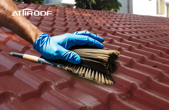 Close-up of a person’s hand cleaning a red tile roof with a soft-bristled brush as part of roof maintenance and cleaning procedures. Close-up of a person’s hand cleaning a red tile roof with a soft-bristled brush as part of roof maintenance and cleaning procedures.