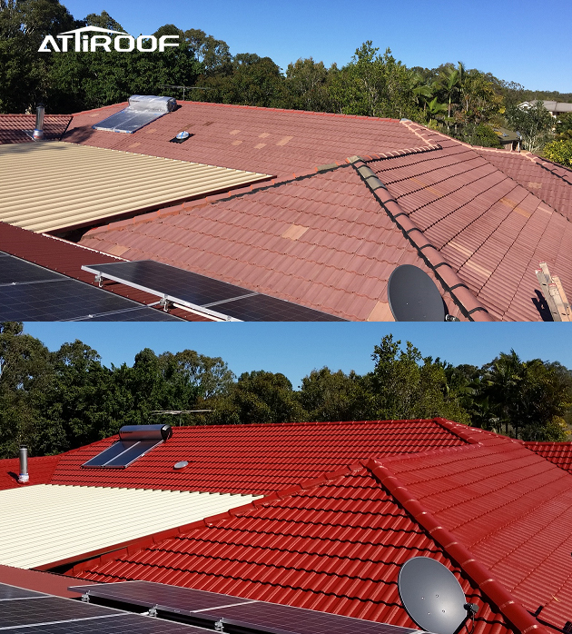 Comparação antes e depois da restauração do telhado de uma residência histórica, mostrando antigas telhas bege substituídas por novas telhas vermelhas de resina sintética. Comparação antes e depois da restauração do telhado de uma residência histórica, mostrando antigas telhas bege substituídas por novas telhas vermelhas de resina sintética.