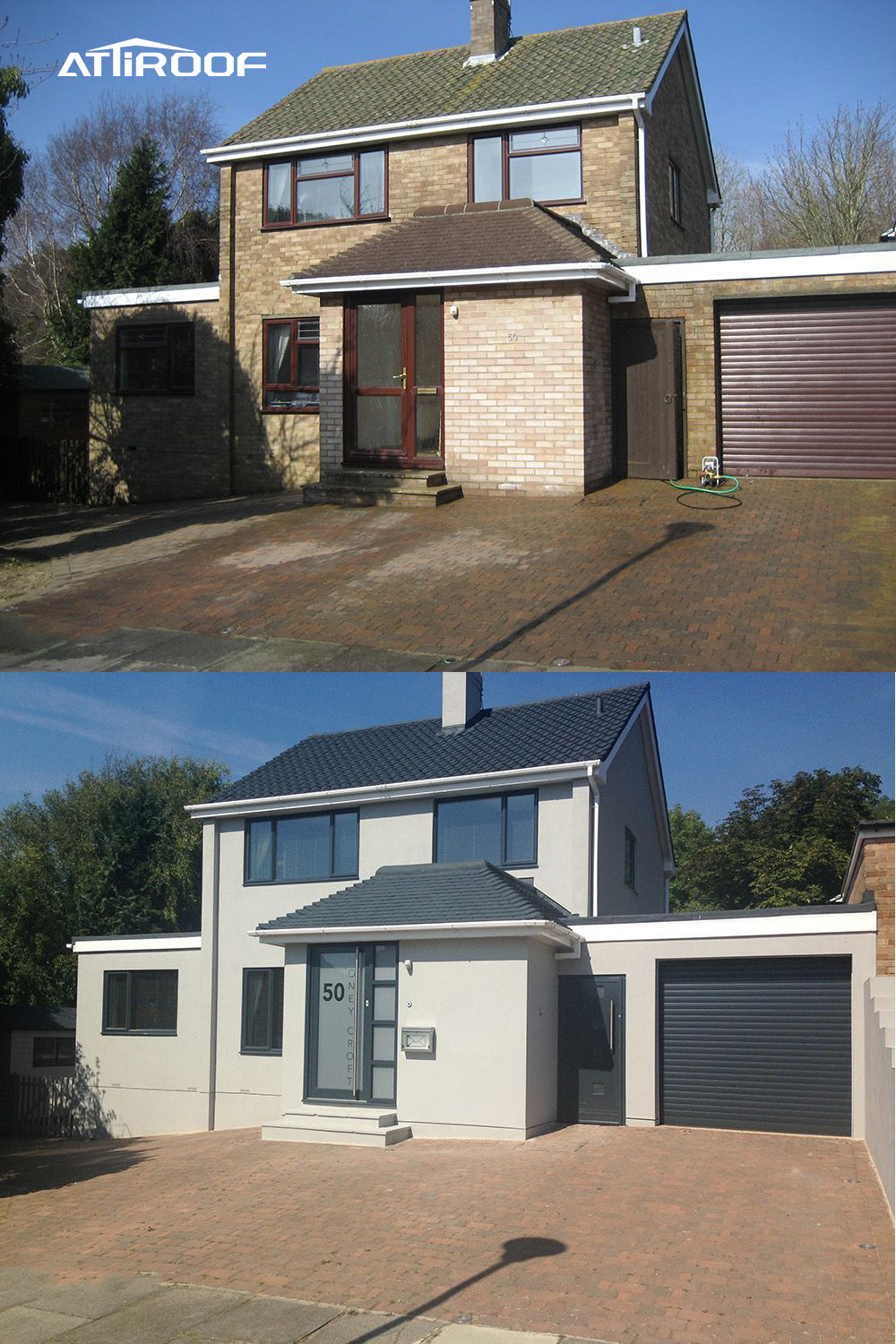 Comparação antes e depois de uma reforma de uma casa residencial mostrando a atualização de um exterior antigo para um design moderno com telhado, janelas e fachada novos. Comparação antes e depois de uma reforma de uma casa residencial mostrando a atualização de um exterior antigo para um design moderno com telhado, janelas e fachada novos.