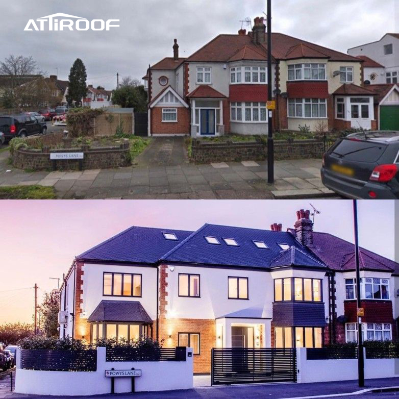 Imagens antes e depois da reforma de um edifício comercial, de uma fachada datada a um design moderno com iluminação vibrante e um exterior limpo e fresco. Imagens antes e depois da reforma de um edifício comercial, de uma fachada datada a um design moderno com iluminação vibrante e um exterior limpo e fresco.