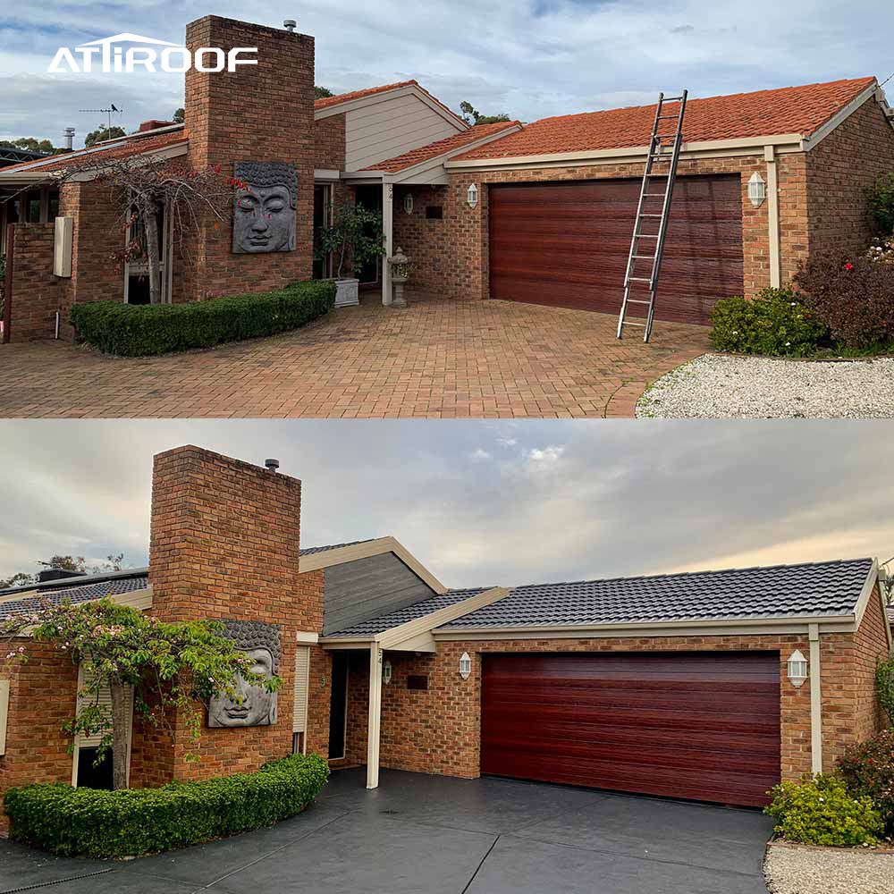 Comparação antes e depois da renovação de um edifício histórico com mudanças de um telhado antigo e entrada de automóveis para um novo telhado de resina sintética e design moderno de entrada de automóveis. Comparação antes e depois da renovação de um edifício histórico com mudanças de um telhado antigo e entrada de automóveis para um novo telhado de resina sintética e design moderno de entrada de automóveis.